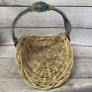 Vintage Wicker Reed Wrought Iron Glass Brass Basket – Used